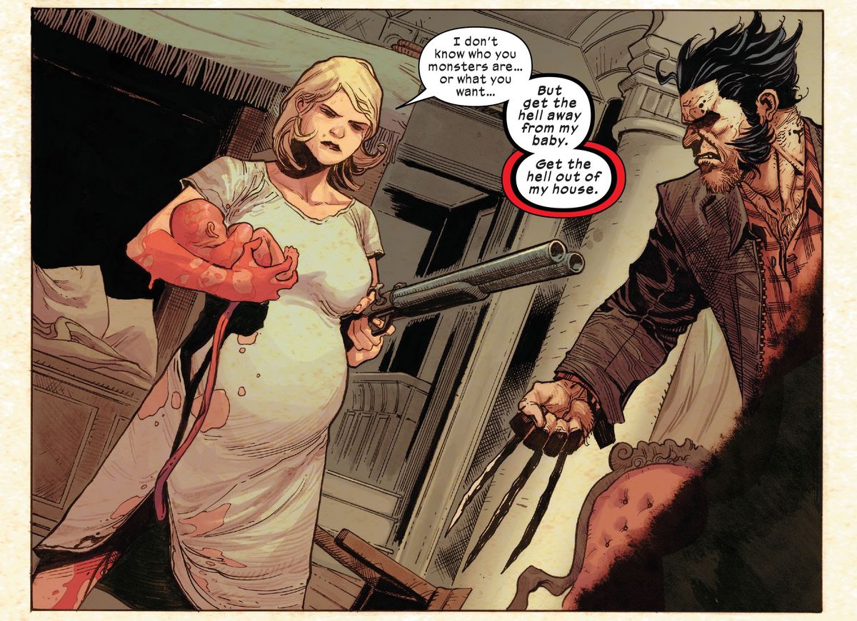 Professor Xavier’s mother holds a shotgun on Wolverine with one hand and her newborn son in the other, umbilical cord trailing from his body underneath her nightgown as she says “Get the hell out of my house,” in X Lives of Wolverine #1 (2022). 