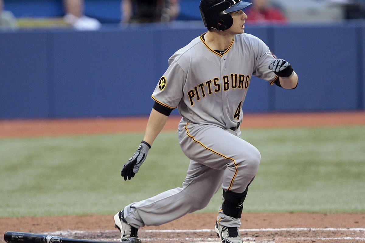 TORONTO, CANADA - JUNE 28:  Alex Presley #44 of the Pittsburgh Pirates hits his third RBI during MLB action against the Toronto Blue Jays at the Rogers Centre June 28, 2011 in Toronto, Ontario, Canada. (Photo by Abelimages/Getty Images)