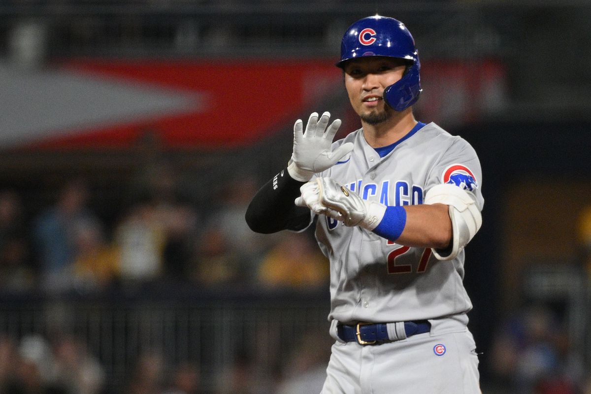 Seiya Suzuki of the Chicago Cubs reacts at second base after hitting a two-run RBI double in the ninth inning during the game against the Pittsburgh Pirates at PNC Park on August 26, 2023 in Pittsburgh, Pennsylvania.