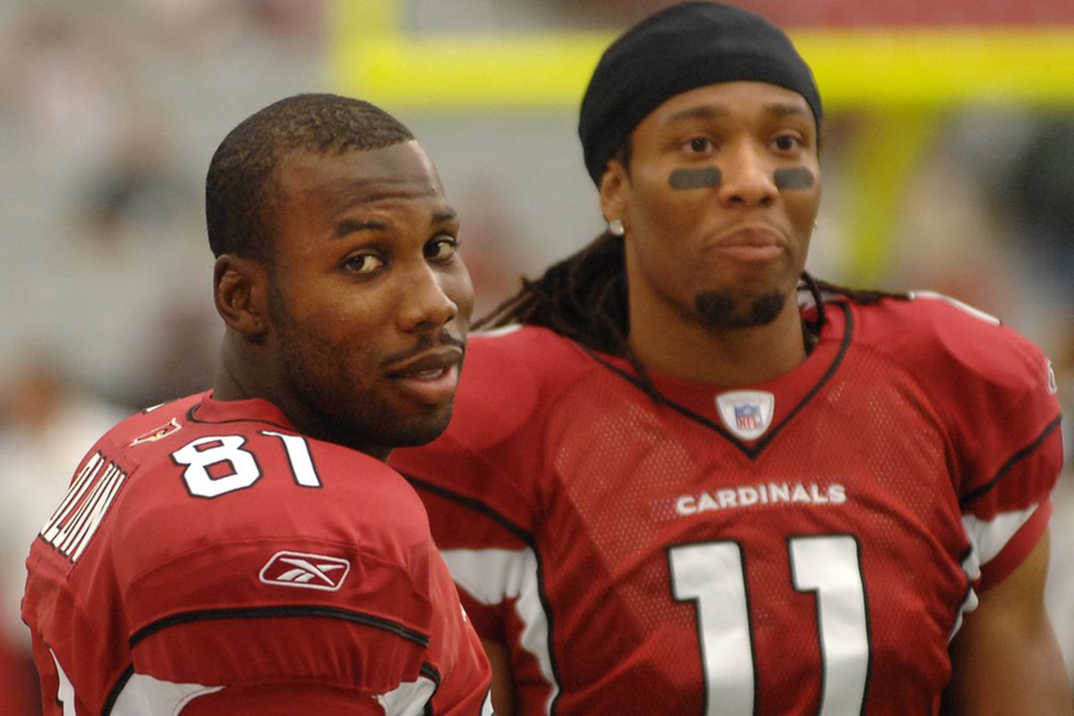 	Aug 18, 2007; Glendale, AZ, USA; Arizona Cardinals wide receiver Anquan Boldin (81) with wide receiver Larry Fitzgerald (11) against the Houston Texans at University of Phoenix Stadium. 