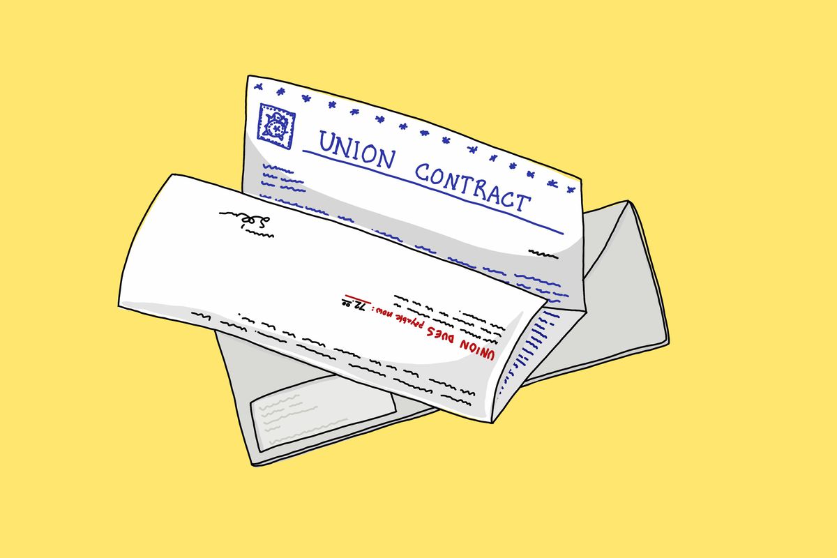 An illustration of a paper bill for union fees, with “Union Contract” written on the top.