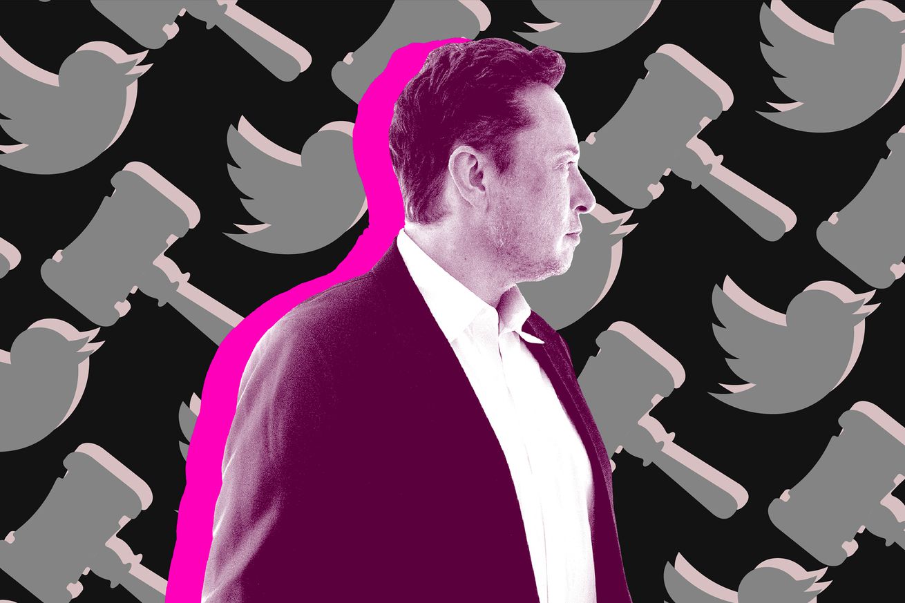 Illustration featuring a side profile image of Elon Musk with animated gavels in the background
