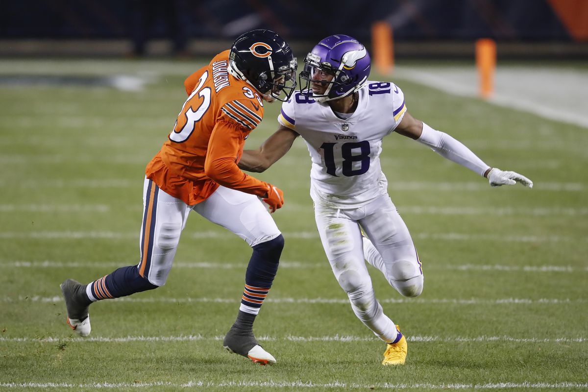 Vikings rookie wide receiver Justin Jefferson (18) had eight receptions for 135 yards in the Vikings’ 19-13 victory over the Bears on Nov. 16 at Soldier Field. Bears rookie cornerback Justin Jefferson (33) is questionable for the rematch Sunday at U.S. Bank Stadium because of a shoulder injury.