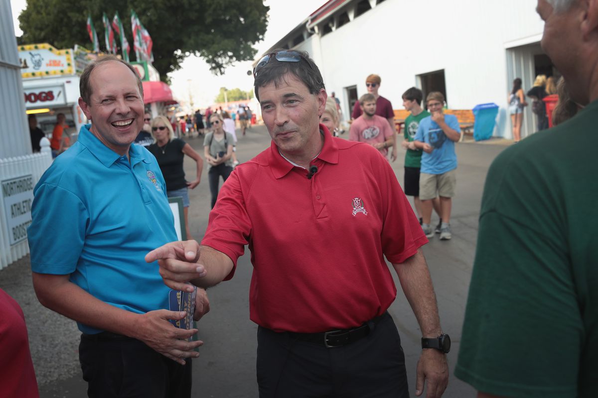Ohio Republican congressional candidate Troy Balderson makes a campaign stop at the Licking County Hartford Fair on August 6, 2018 in Hartford, Ohio