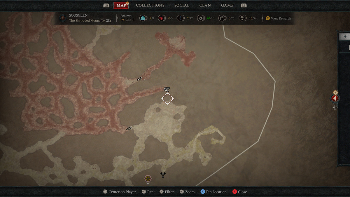 A map of Scosglen in Sanctuary showing the 12th Altar of Lilith in Diablo 4