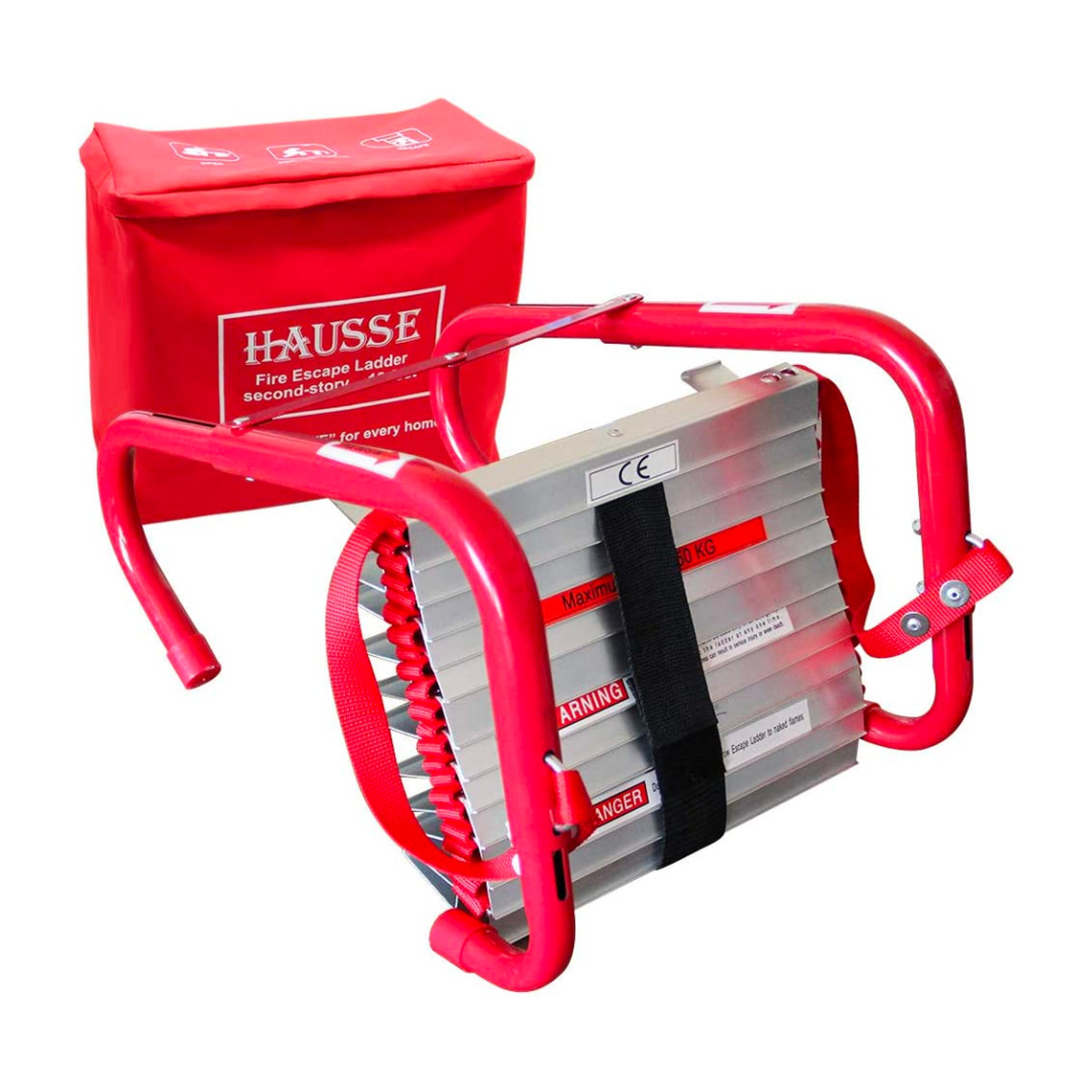 Red Hausse two-story fire escape ladder with featured storage bag