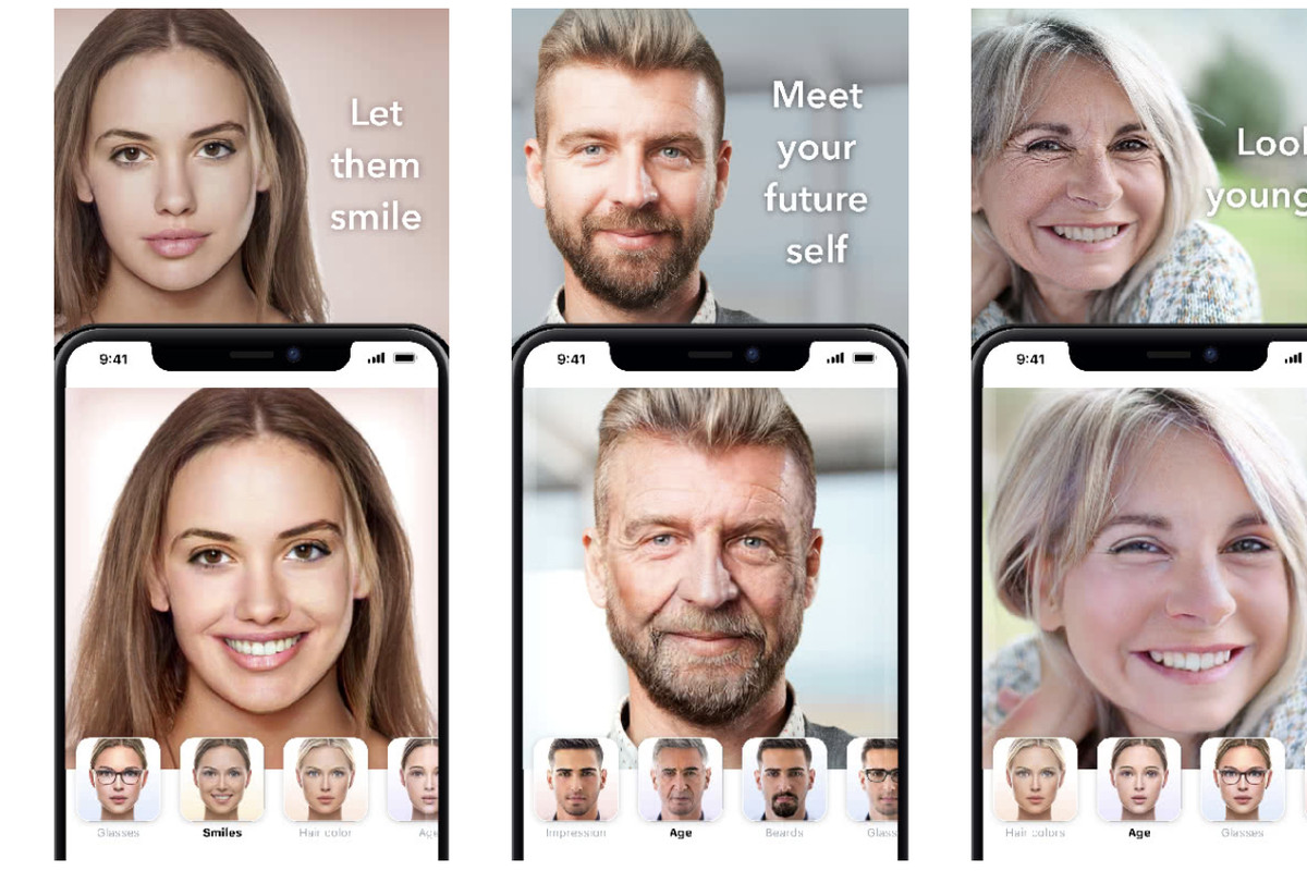 Pictures of people on FaceApp showing them at their current age and older.