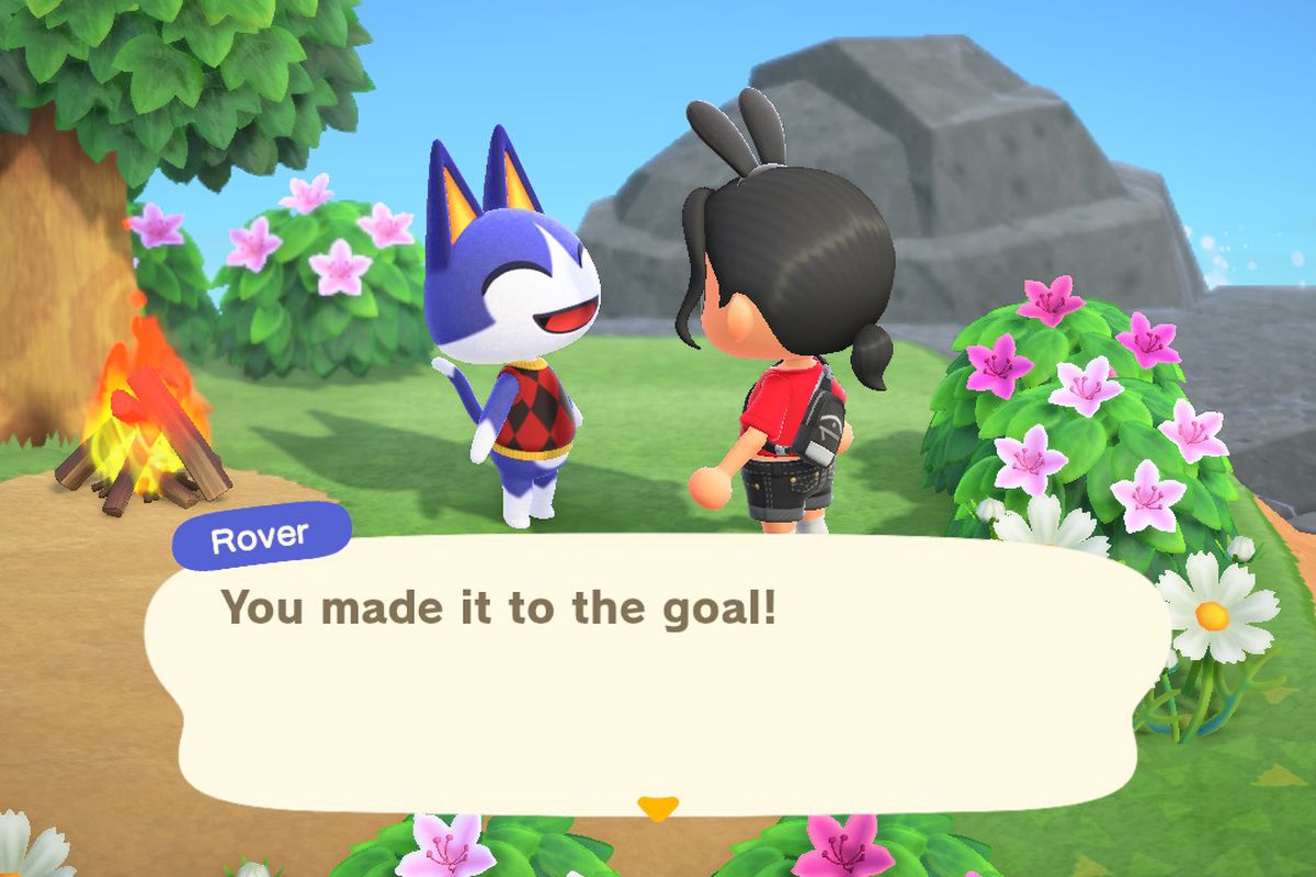 An Animal Crossing character talks to a very excited cat named Rover