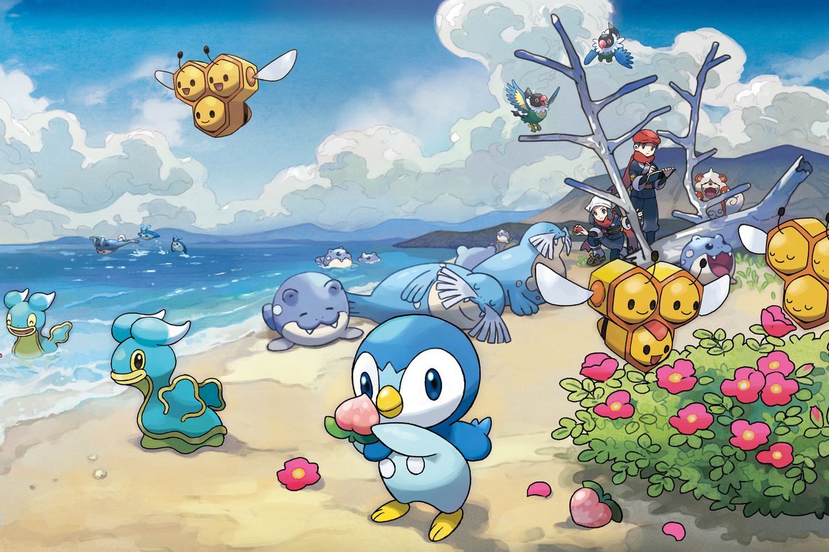 Artwork from Pokémon Legends: Arceus featuring various Hisui region Pokémon and trainers on the beach