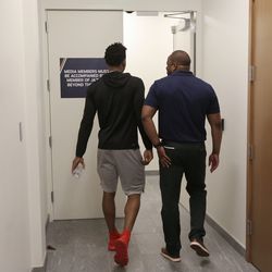 Utah Jazz guard Donovan Mitchell leaves after talking to members of the media at Zions Bank Basketball Center in Salt Lake City on Thursday, April 25, 2019. The Utah Jazz season ended with Wednesday's loss to Houston in the first round of the NBA playoffs.