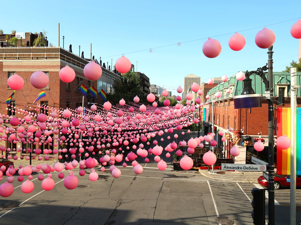 The Village's summertime Boules Roses installation