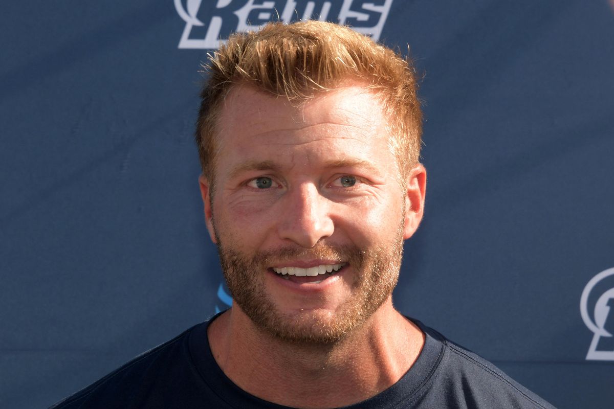 Los Angeles Rams coach Sean McVay addresses the media during a training camp press conference at UC Irvine