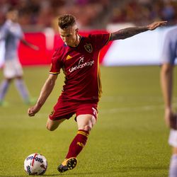 Albert RusnÁk shoots on goal during the Real Salt Lake vs Sporting Kansas City game at Rio Tinto Stadium in Sandy on Saturday, July 22, 2017.