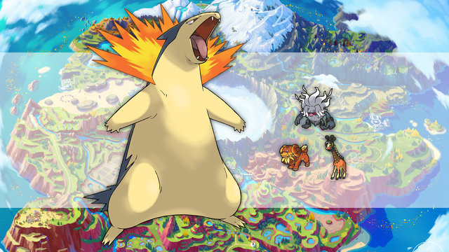 Typhlosion, Annhilape, Dachsbun, and Farigaraf over the map of Pokémon Scarlet and Violet for the seven star tera raid.