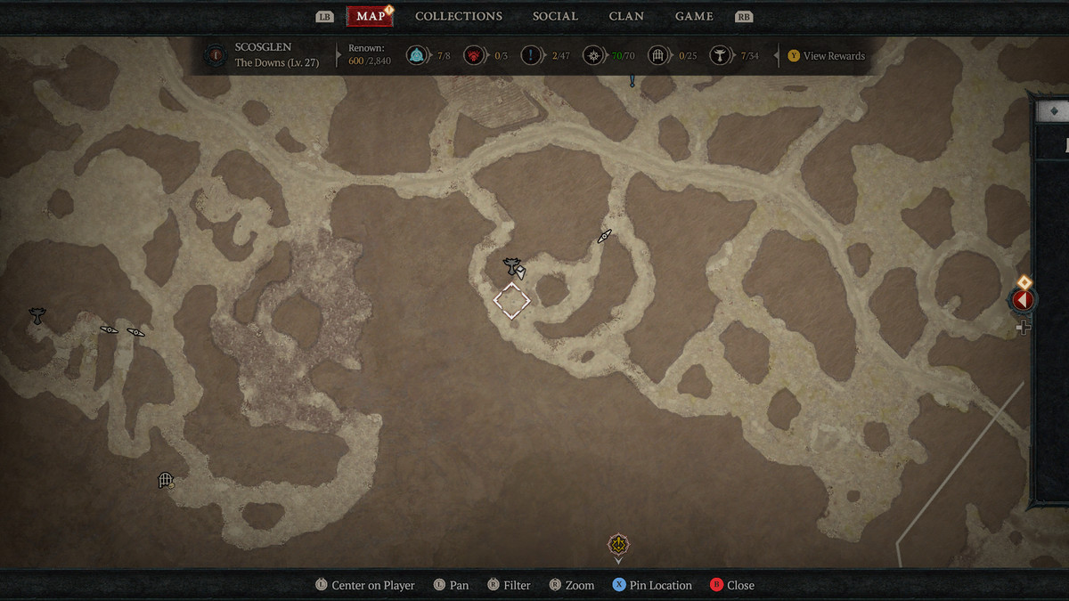 A map of Scosglen in Sanctuary showing the 3rd Altar of Lilith in Diablo 4