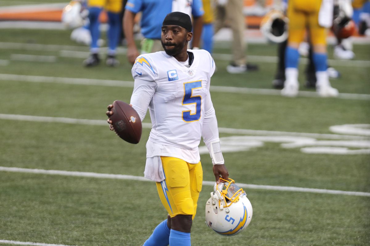 Los Angeles Chargers quarterback Tyrod Taylor (5) reacts after the Chargers defeated the Cincinnati Bengals at Paul Brown Stadium. Mandatory Credit: David Kohl