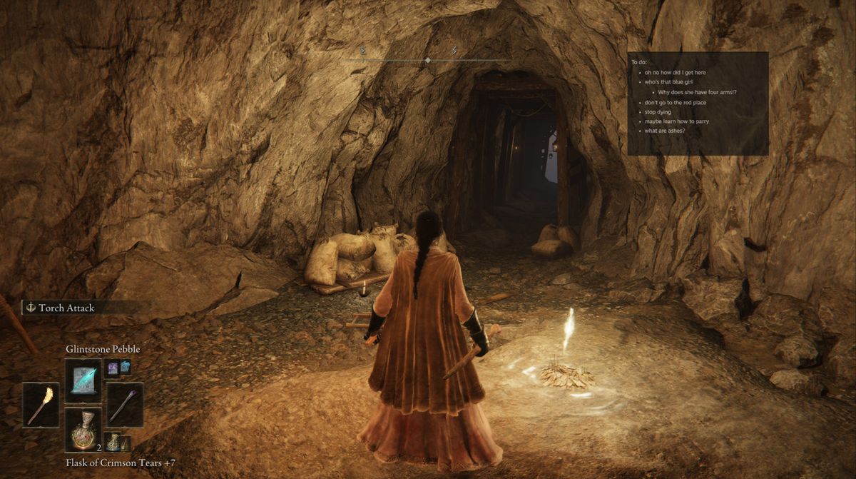 The video game Elden Ring is shown. A character is in a dimly-lit cave, but the focus of the image is on Steam’s new Notes app, which lets the user write to-do items and have it laid over the game window.