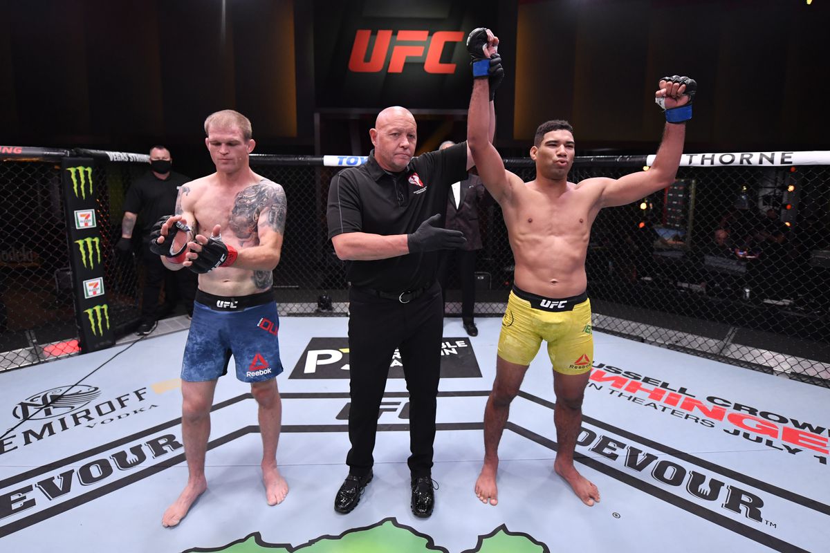 Herbert Burns of Brazil celebrates after his submission victory over Evan Dunham in their bout during the UFC 250 event at UFC APEX on June 06, 2020 in Las Vegas, Nevada.