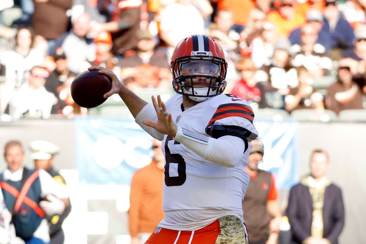 Baker Mayfield #6 of the Cleveland Browns throws a pass during the game against the Cincinnati Bengals at Paul Brown Stadium on November 7, 2021 in Cincinnati, Ohio.