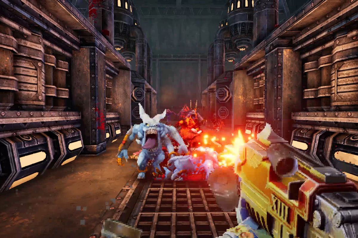 The player moves between stacks of machinery, gunning down leering demons with a heavy boltgun, in Warhammer 40K: Boltgun.