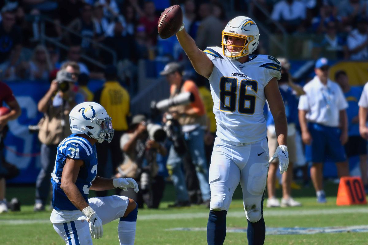 Los Angeles Chargers tight end Hunter Henry signals a 1st down after making a catch on Indianapolis Colts cornerback Quincy Wilson in the 3rd quarter at Dignity Health Sports Park.