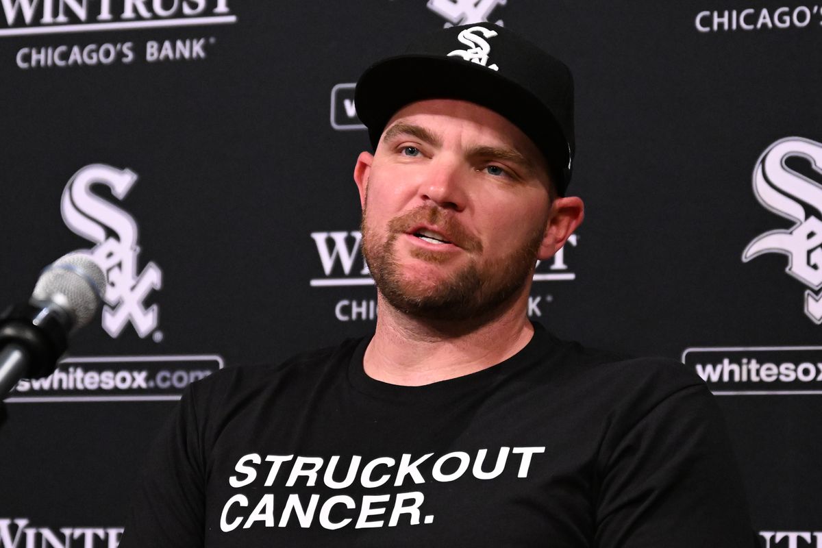 Liam Hendriks of the Chicago White Sox takes questions from reporters before the game against the Tampa Bay Rays at Guaranteed Rate Field on May 03, 2023 in Chicago, Illinois. Hendriks spoke publicly for the first time about his battle with non-Hodgkin’s lymphoma and his return to the White Sox.