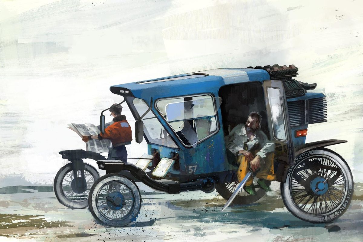 artwork of Disco Elysium’s main characters, Kim Kitsuragi (left) and the ever-changing protagonist (right), lounging around a buggy