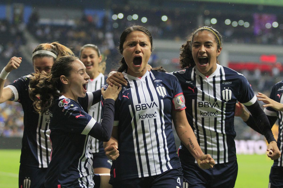 Rebeca Bernal of Monterrey celebrates with teammates after scoring her team’s first goal during the semifinal second leg match between Monterrey and Tigres UANL as part of the Torneo Apertura 2022 Liga MX Femenil at BBVA Stadium on November 7, 2022 in Monterrey, Mexico.