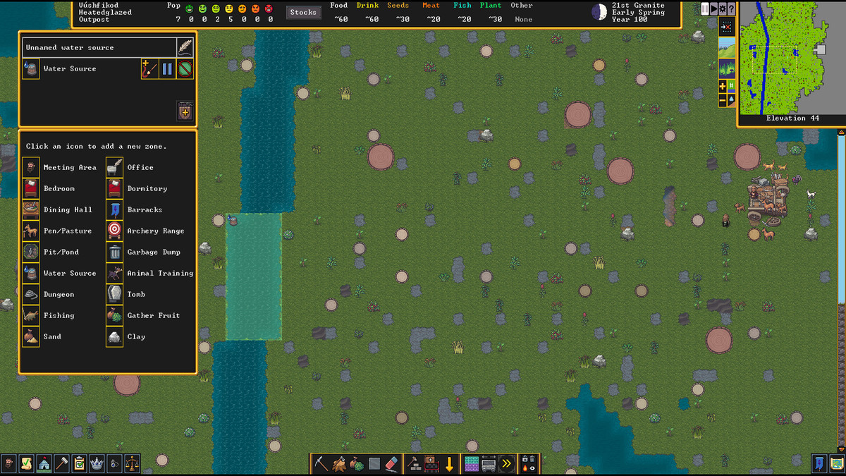 Creating a Water Source zone on a river in Dwarf Fortress.