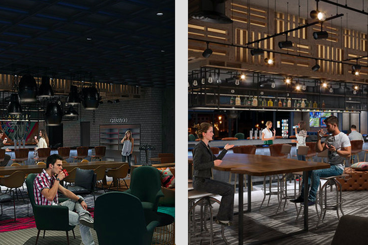 The Moxy lobby, left, and bar, in renderings.