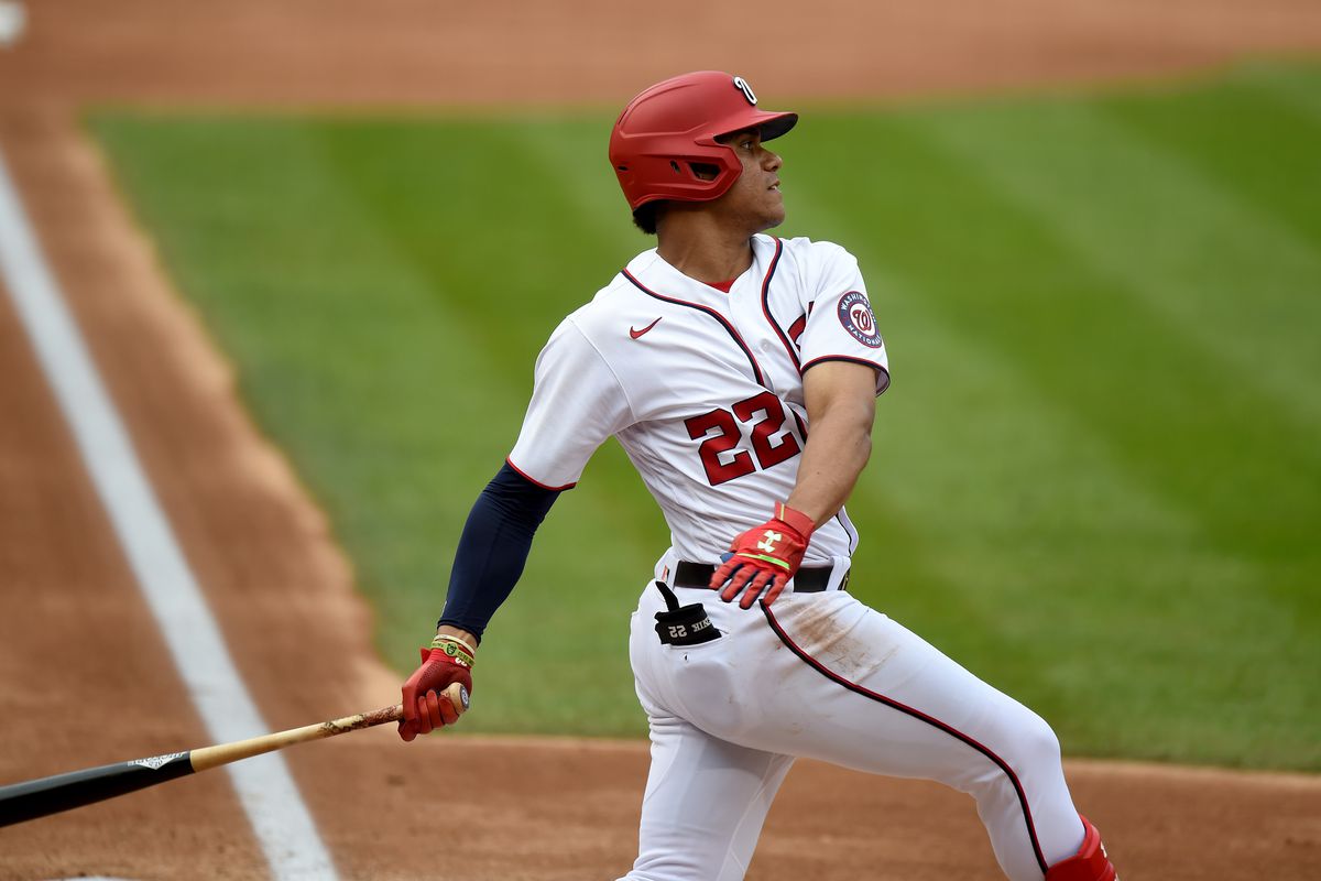 Juan Soto #22 of the Washington Nationals bats against the Boston Red Sox at Nationals Park on October 03, 2021 in Washington, DC.