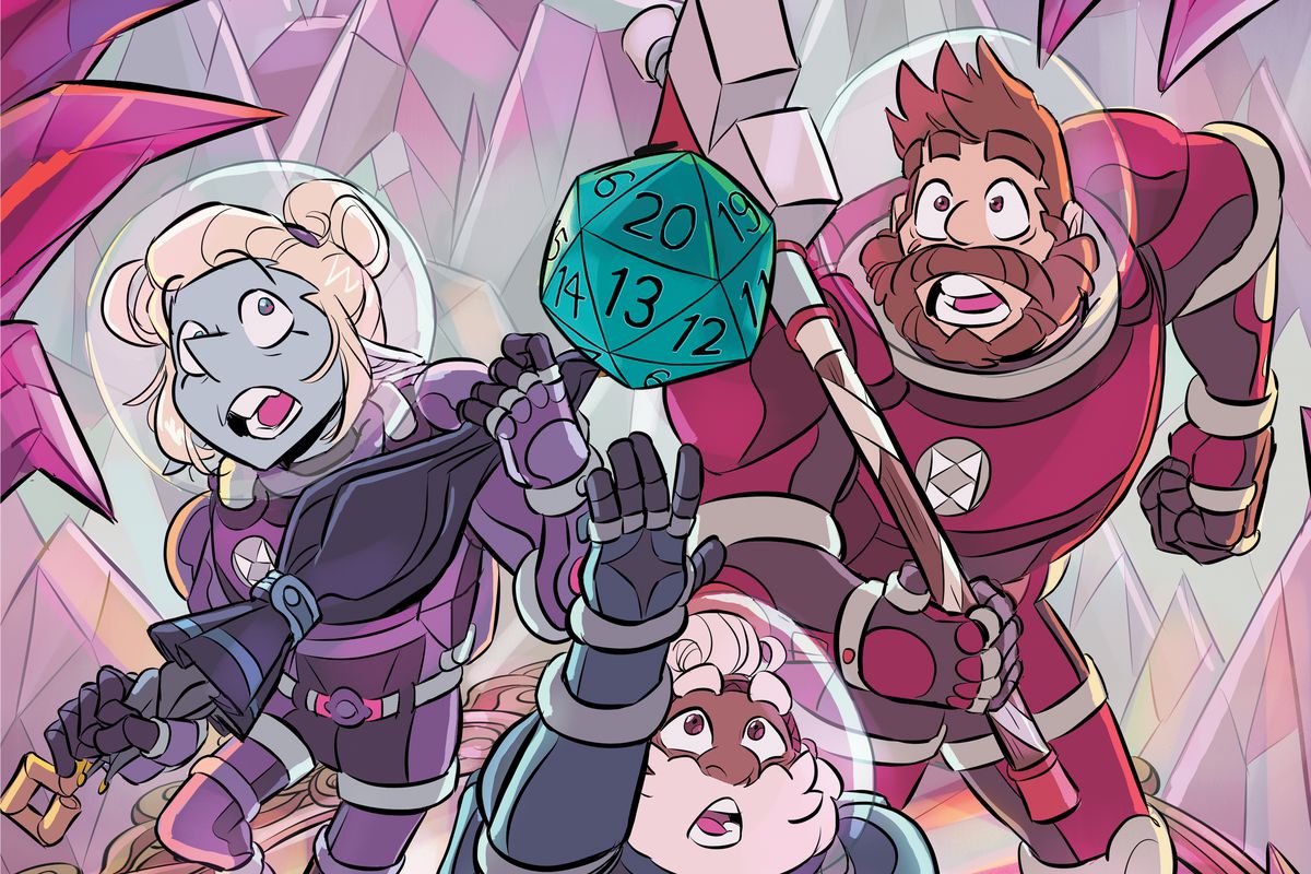 Taako, Merle, and Magnus are pursuing a d20 surrounded by pink tourmaline crystals. The three of them are wearing protective suits with glass helmets, standing on a pink tourmaline mirror.