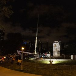 The plinth that the Christopher Columbus Statue in Grant Park sits empty after city crews removed the statue, Friday, July 24, 2020.