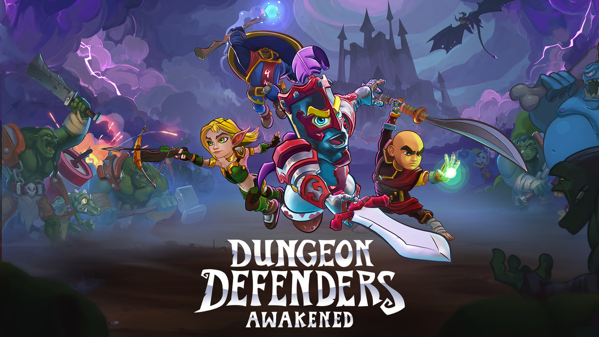 Four Dungeon Defenders: Awaken characters, each with their own look and weapons, fighting monsters in a dark, cloudy world. The text on the screen reads “Dungeon Defenders Awakened.”