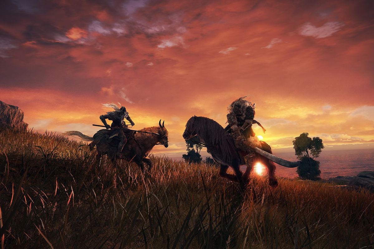 Mounted warriors against a sunset