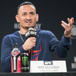 Max Holloway answers a question at UFC 223 press conference.