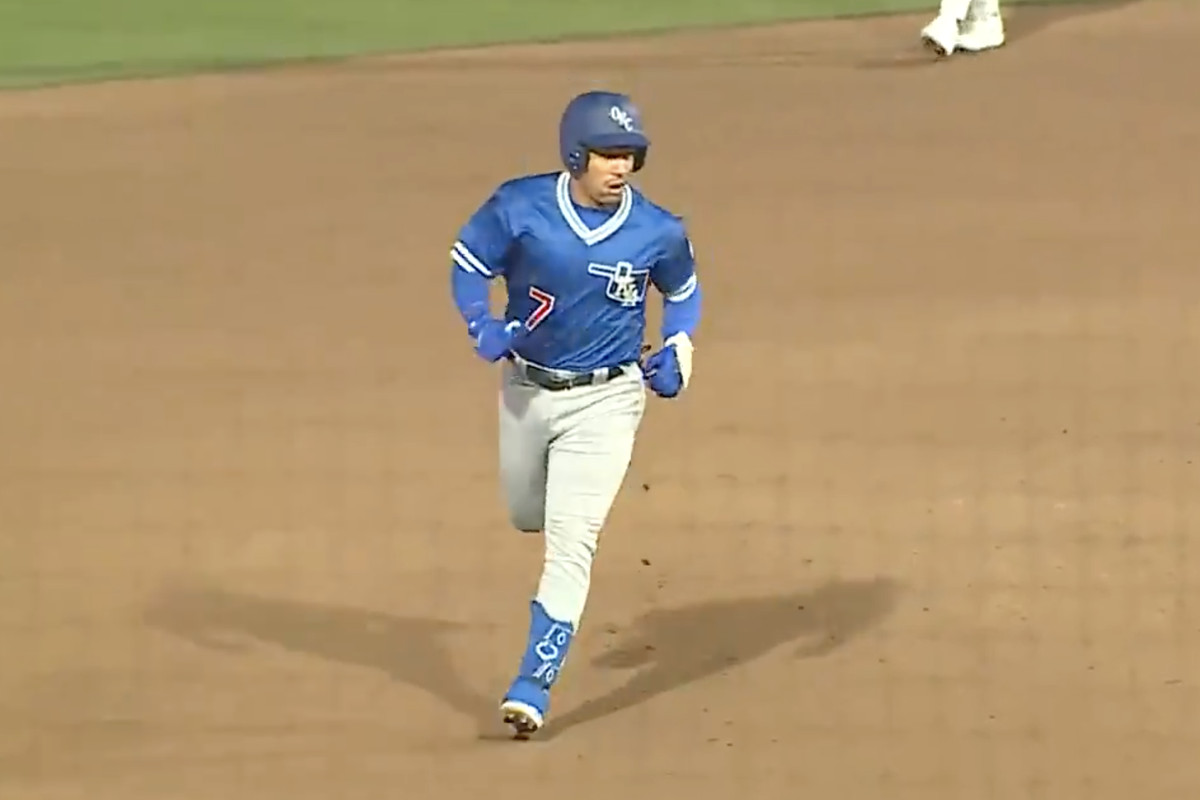 Second baseman Jahmai Jones hits a home run for the Triple-A Oklahoma City Dodgers against the Las Vegas Aviators on Tuesday, April 4, 2023, the second home run of the game by Jones and his third straight at-bat with a home run dating back to his previous game.