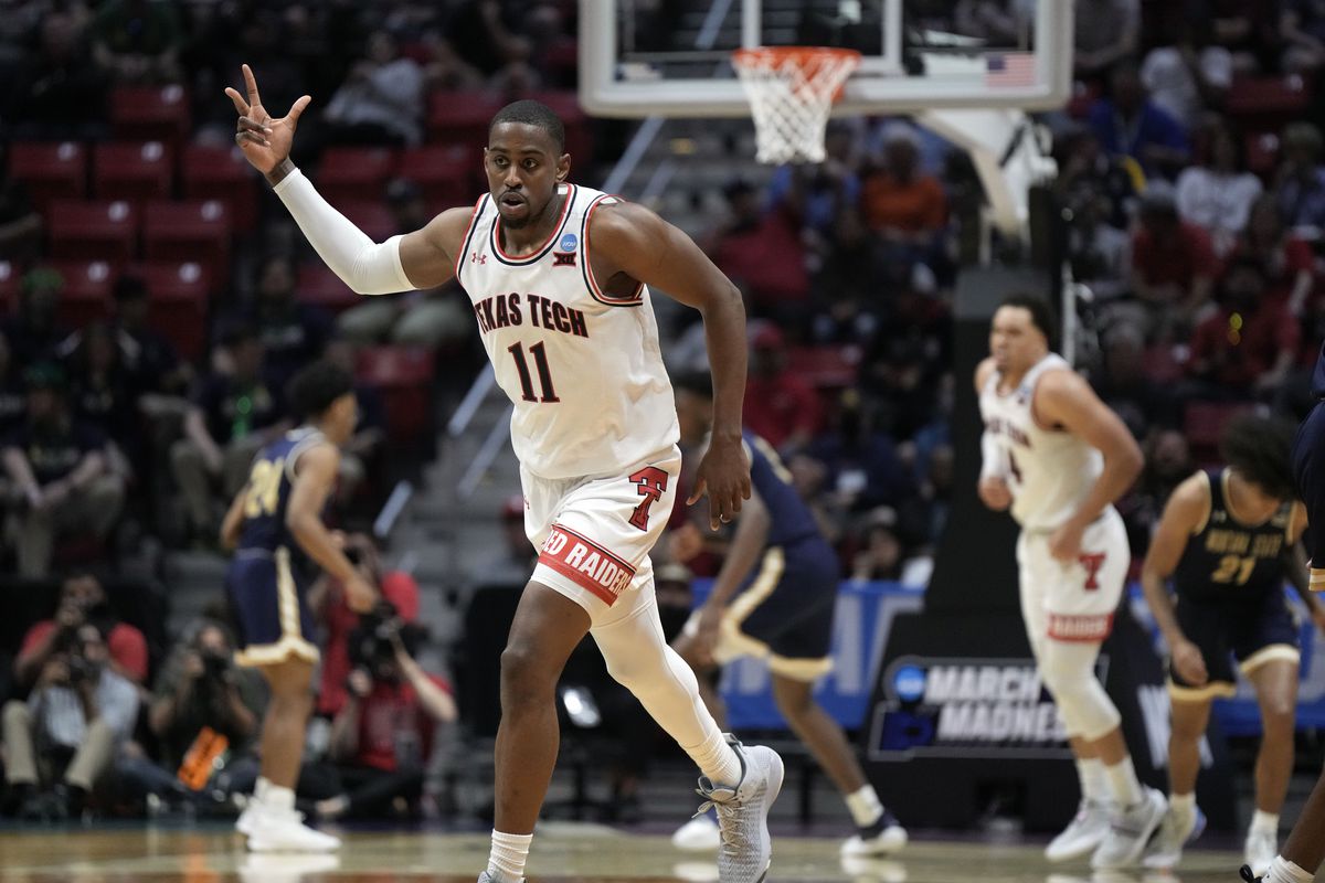 Texas Tech Red Raiders forward Bryson Williams celebrates after a three point shot against the Montana State Bobcats in the second half during the first round of the 2022 NCAA Tournament at Viejas Arena.