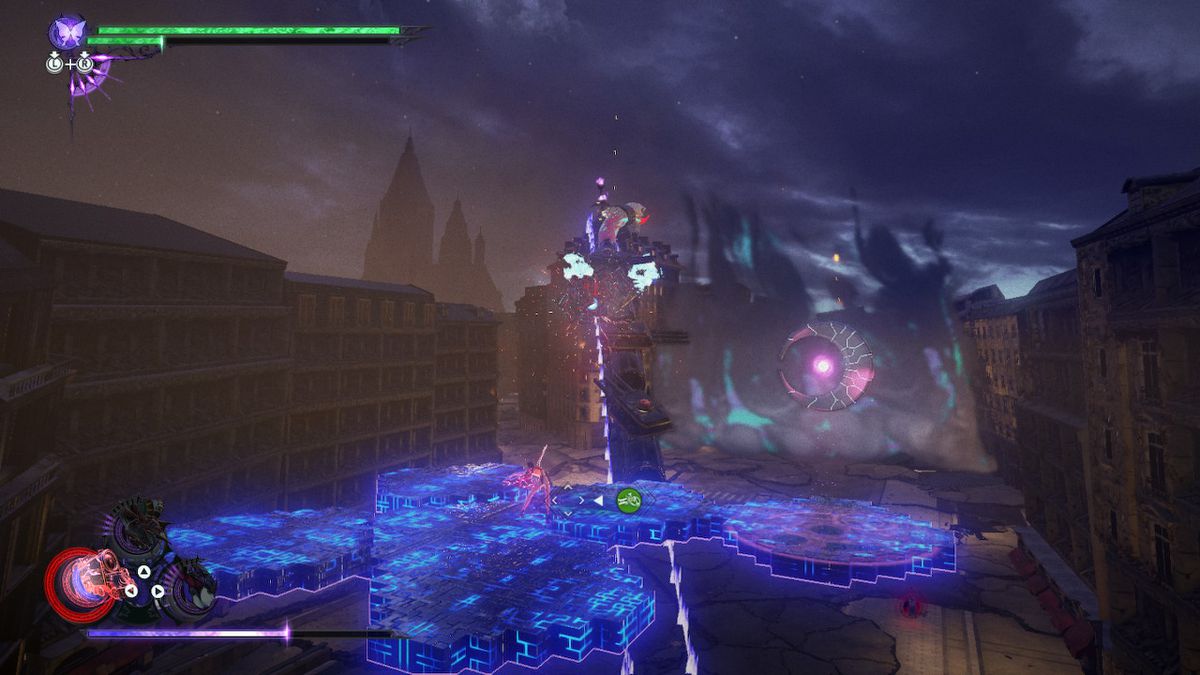 Bayonetta scales up more purple platforms in a weird form