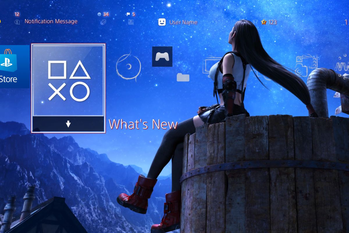 A PlayStation 4 theme of Tifa from Final Fantasy 7 sitting on the water tower and watching the stars