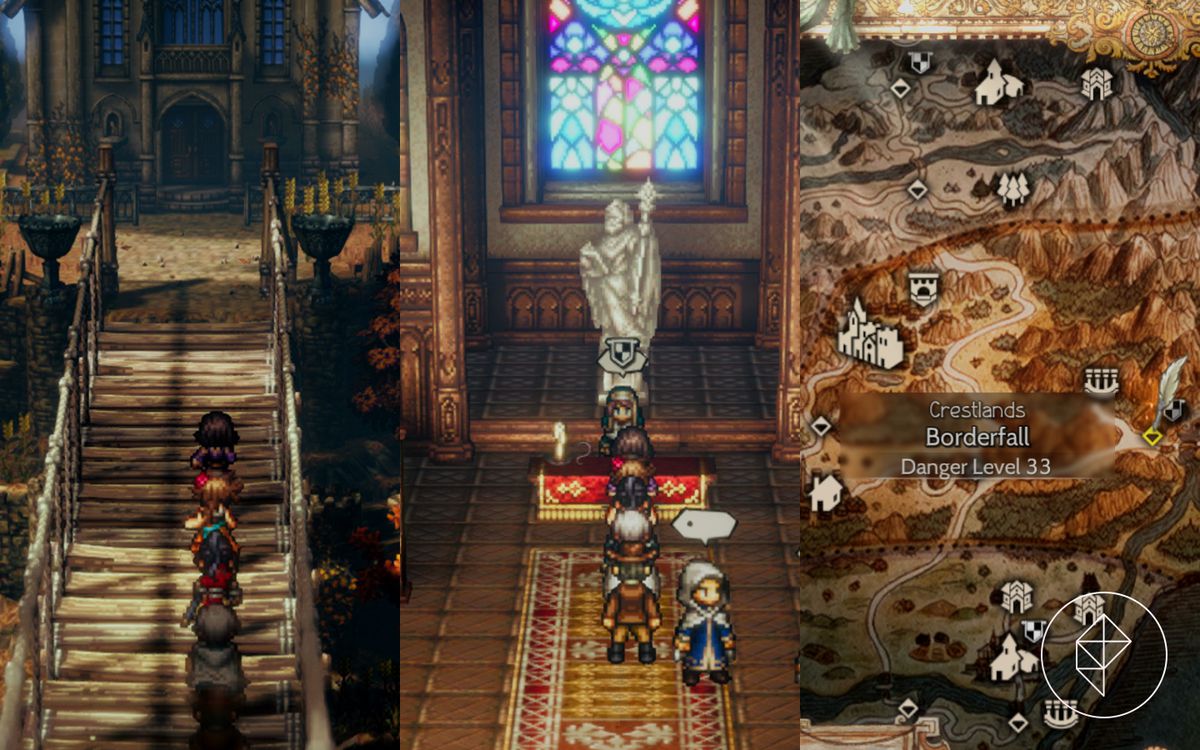 A gang of Octopath Traveler 2 characters run across a bridge in a church