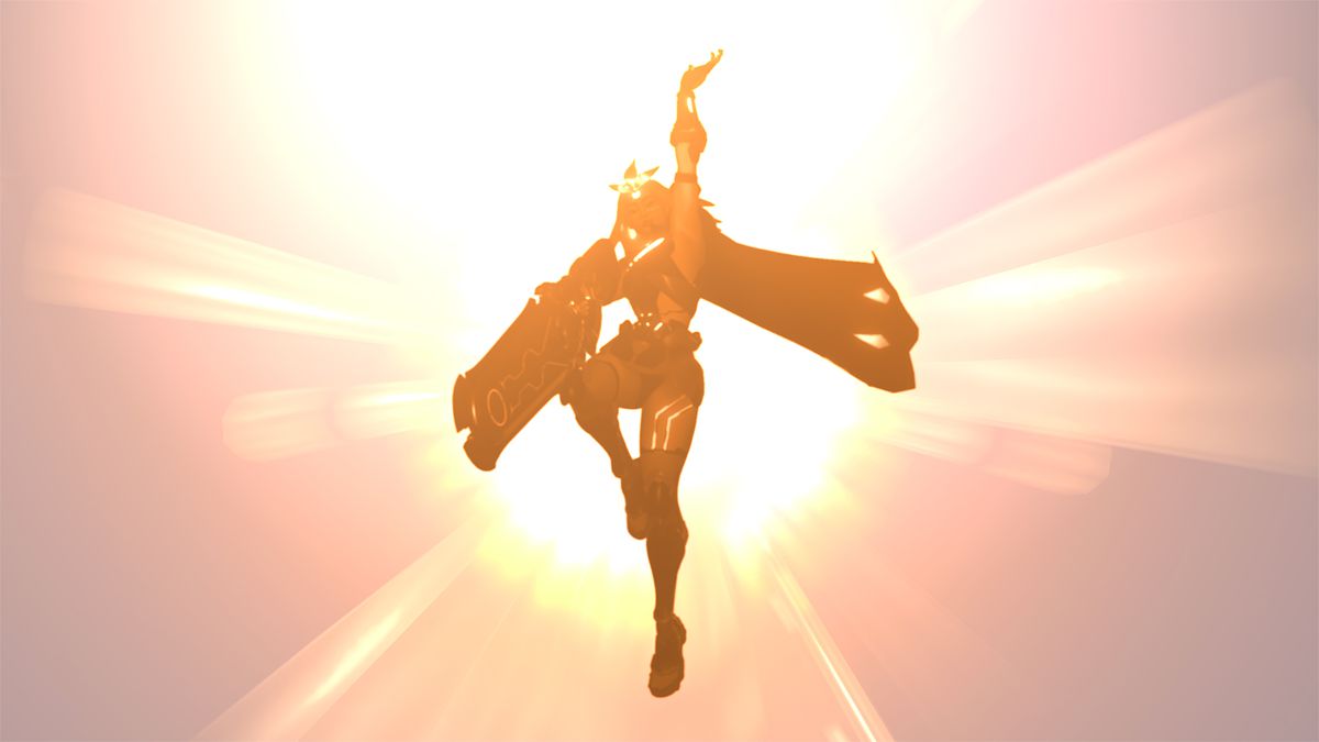 Overwatch 2’s 38th hero, a young woman with a large sword/rifle, leaps into the sky and is backlit by the sun