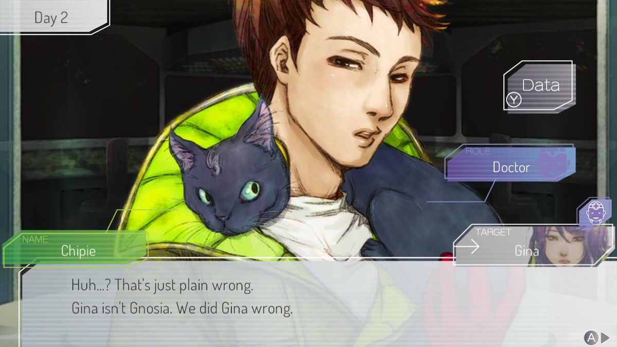In this screenshot from Gnosia, Chipie argues against your accusation of Gina