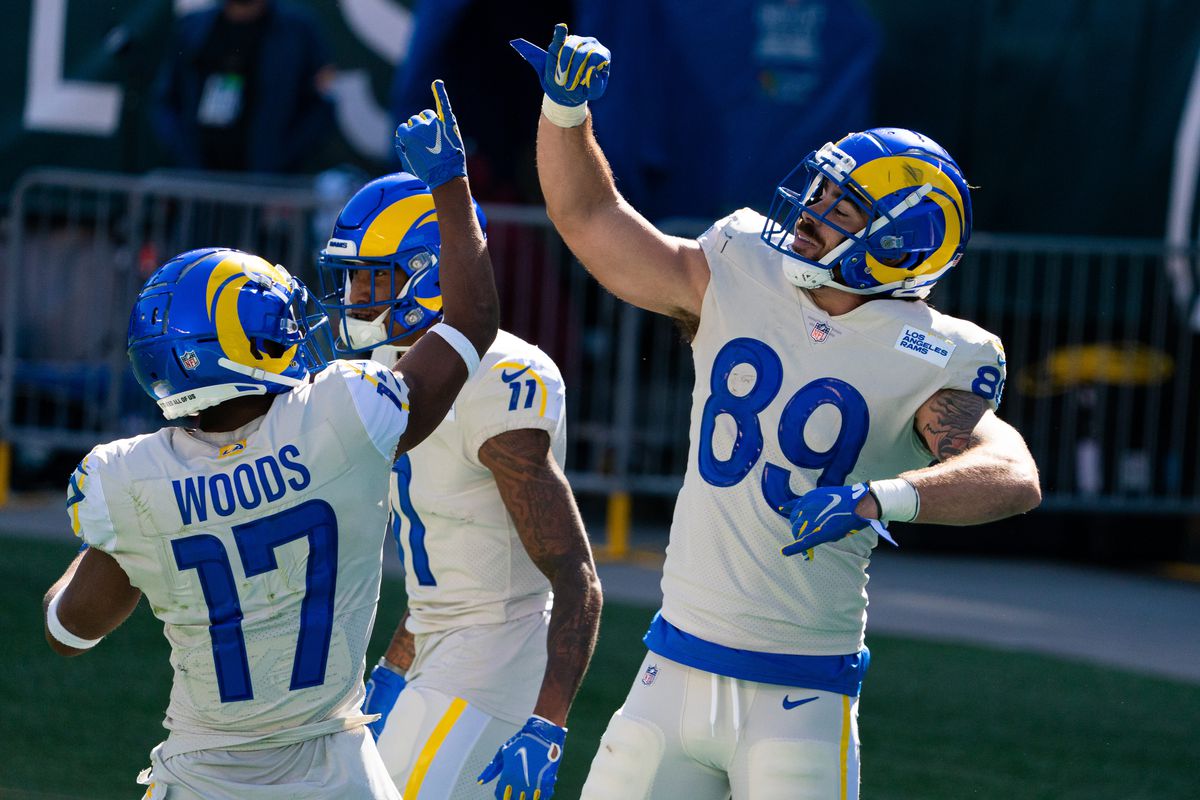 Los Angeles Rams tight end Tyler Higbee celebrates with wide receiver Robert Woods after his touchdown catch against the Philadelphia Eagles during the fourth quarter at Lincoln Financial Field.&nbsp;