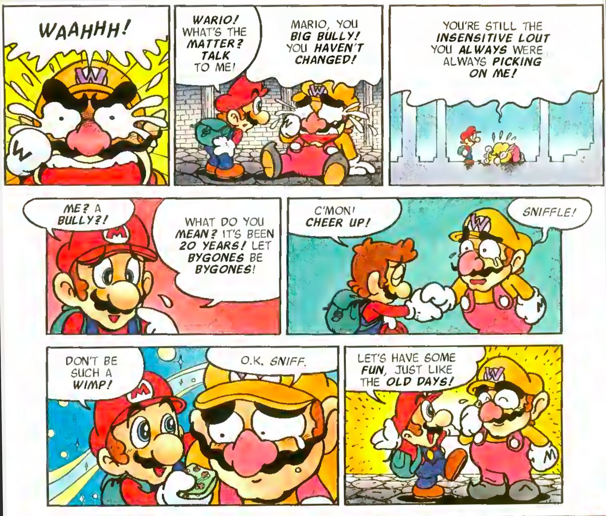 Wario cries, and Mario and Wario reconnect on a Mario vs. Wario # 1 page
