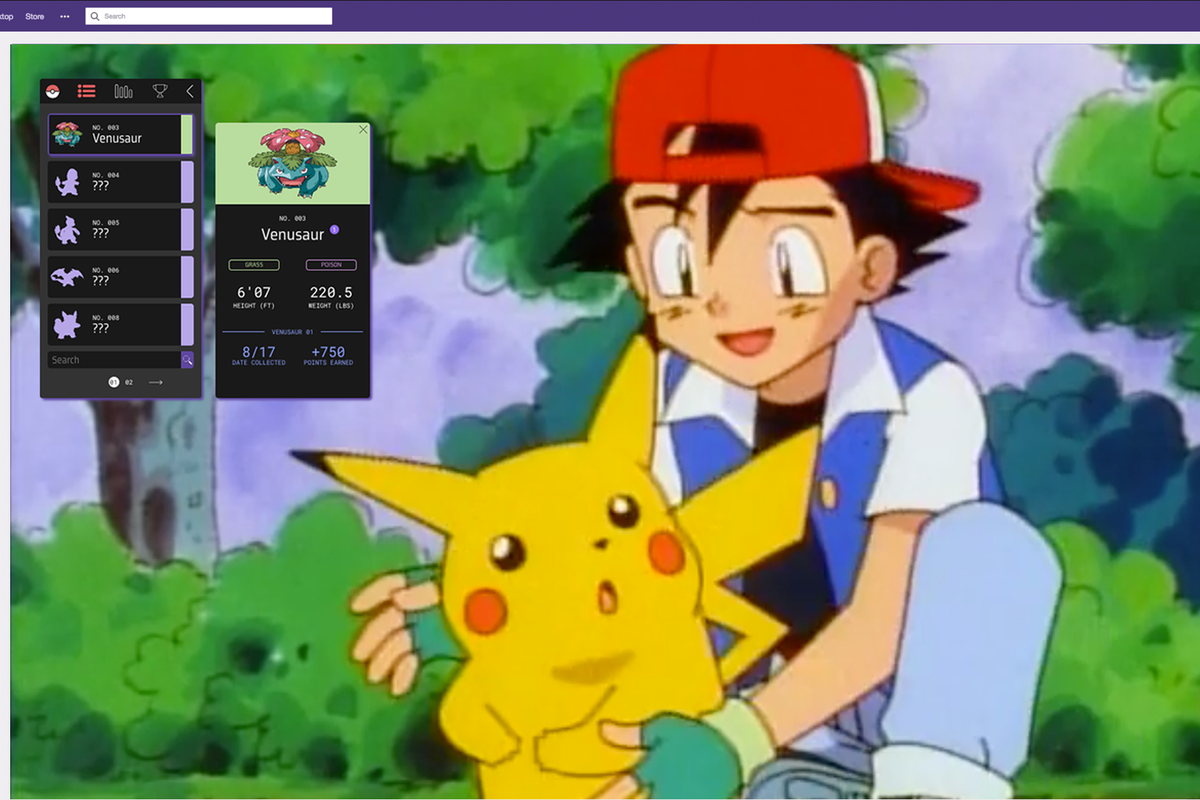 Pokémon badges Twitch Extensions overlay; Ash putting his arms around Pikachu.