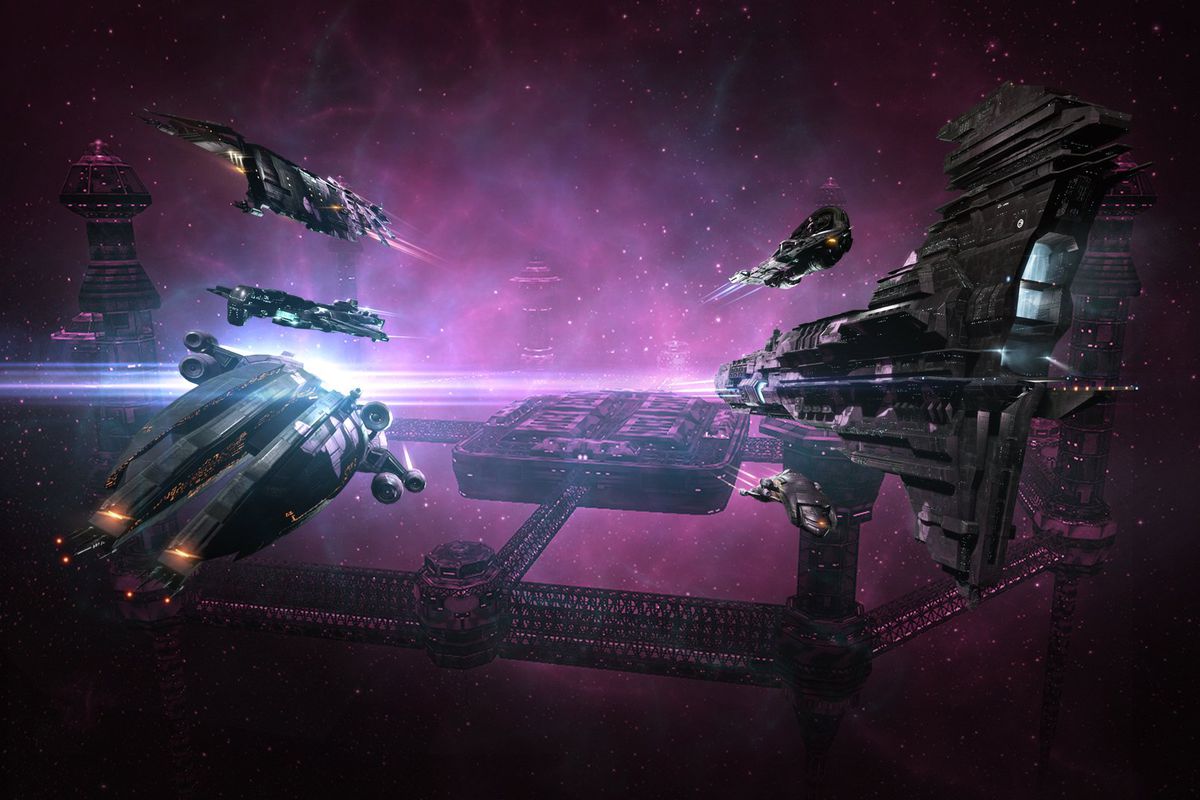 Ships race out of a purple nebula in Eve Online.