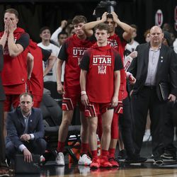 The Utes stand stunned on the bench after Oregon State Beavers forward Alfred Hollins (4) nailed a game-winning shot at the buzzer during the first round of the Pac-12 men’s basketball tournament at T-Mobile Arena in Las Vegas on Wednesday, March 11, 2020.