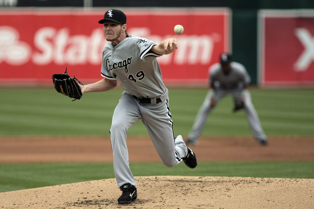 April 25, 2012; Oakland, CA, USA; Chicago White Sox starting pitcher Chris Sale (49) pitches the ball against the Oakland Athletics during the second inning O.co Coliseum. Mandatory Credit: Kelley L Cox-US PRESSWIRE