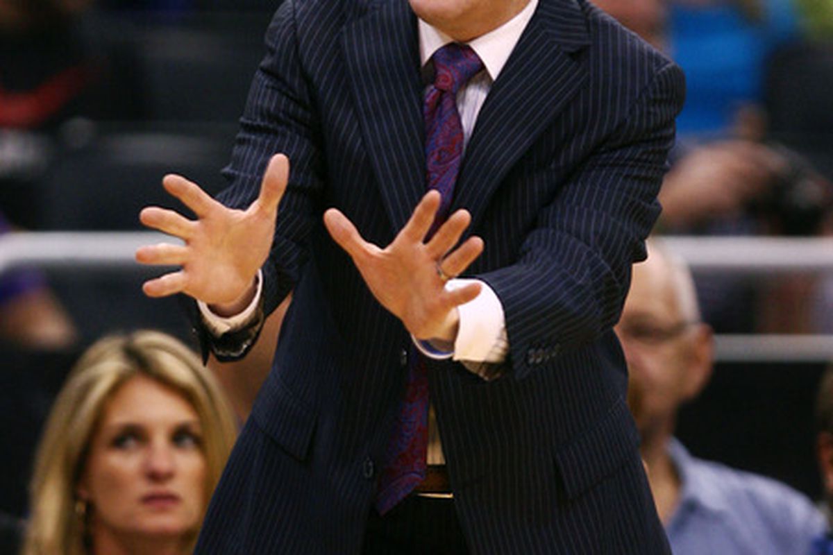 Apr 9, 2012; Orlando, FL, USA; Detroit Pistons head coach Lawrence Frank reacts during the first quarter against at Amway Center. Mandatory Credit: Douglas Jones-US PRESSWIRE